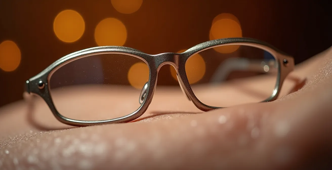 Vue macro sur l'ajustement d'un pont de lunettes sur un nez