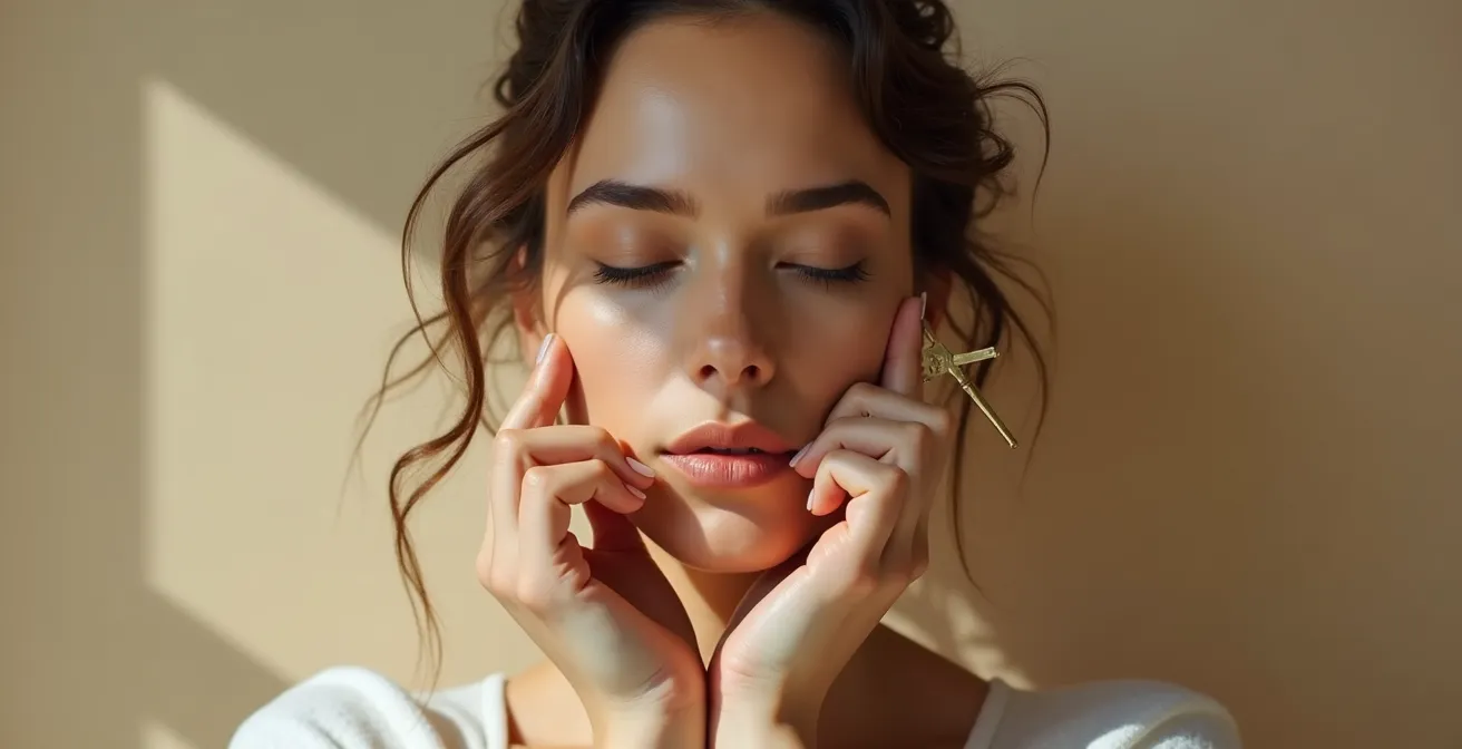 Mains tenant délicatement des outils de mesure dorés près d'un visage