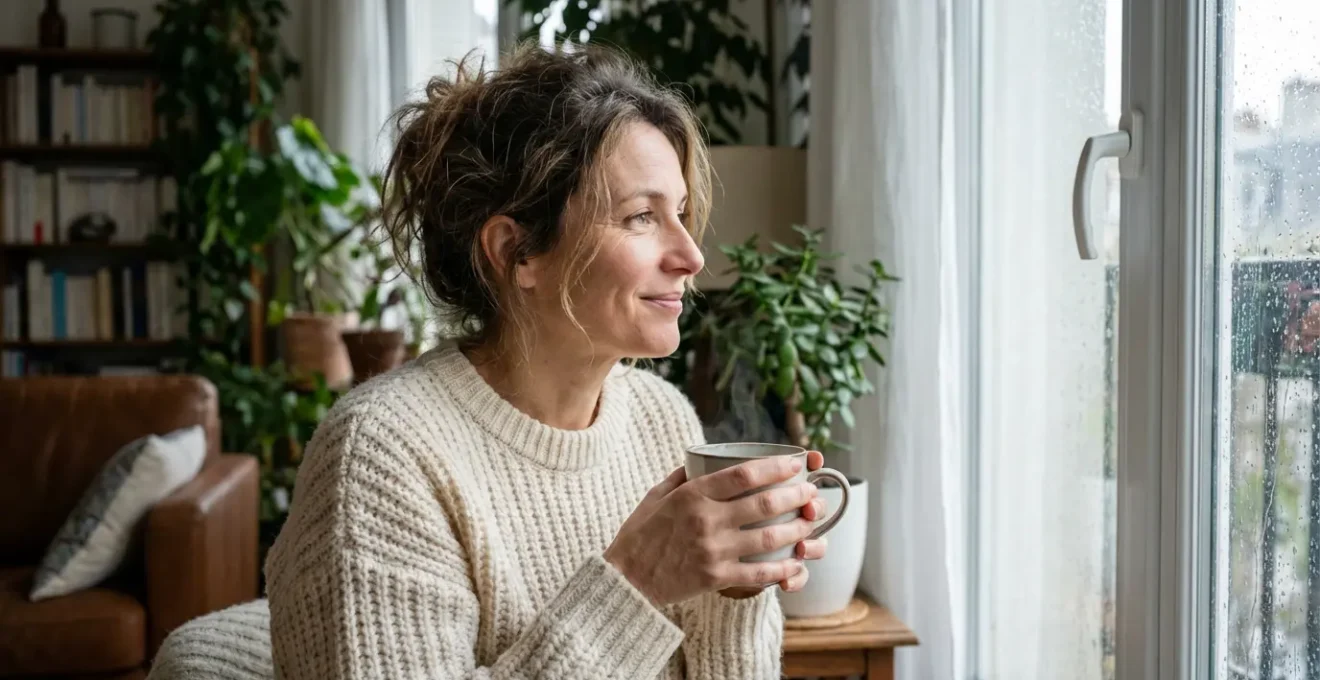 Femme portant un pull en maille française dans son salon chaleureux