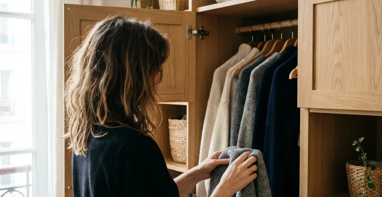 Femme devant sa garde-robe minimaliste avec quelques pulls de qualité suspendus