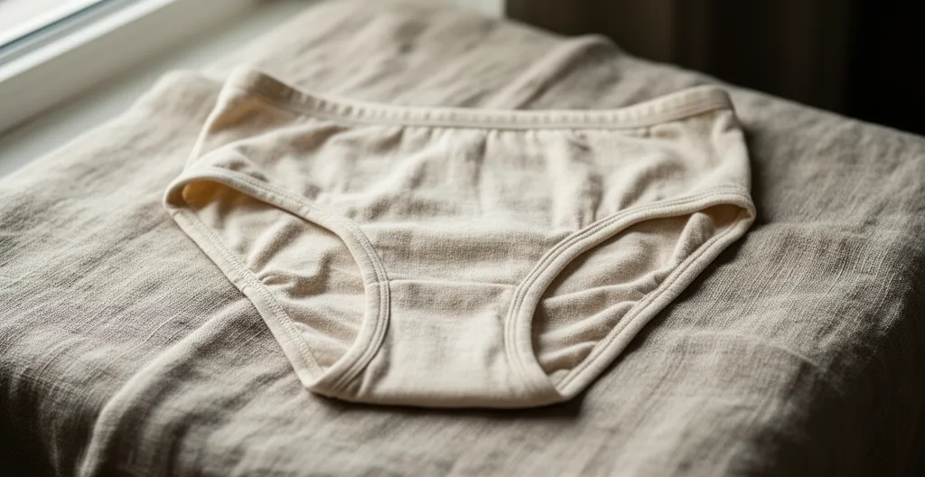 Culotte en coton bio posée sur tissu lin naturel
