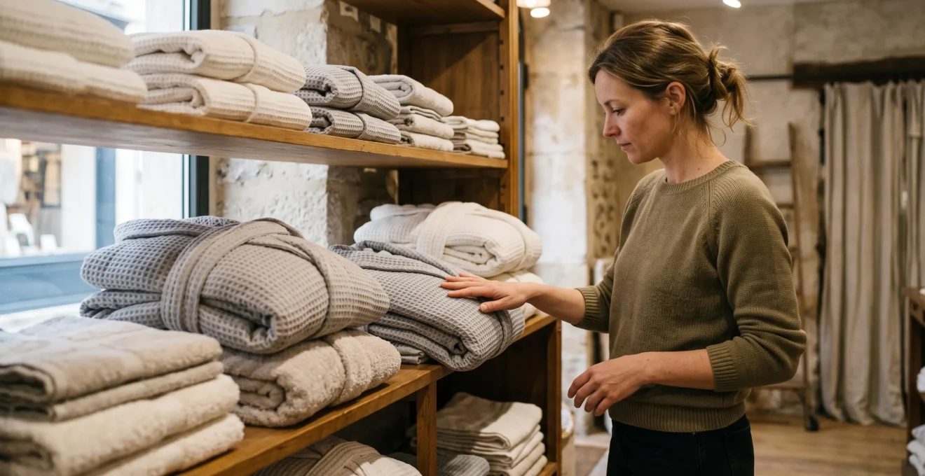 Une cliente touche la texture d'un peignoir en tissu dans une boutique de textile.