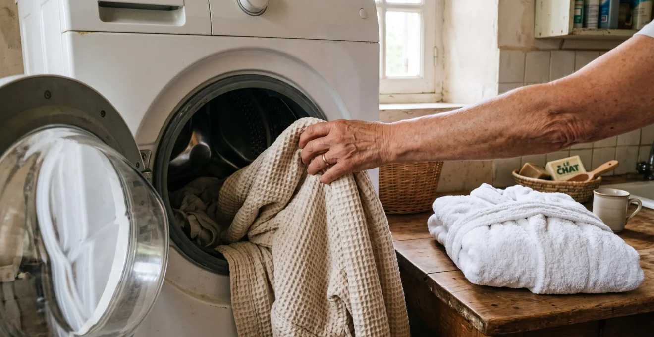 Une main charge un peignoir en nid d'abeille dans un lave-linge, un peignoir bouclette posé à côté.